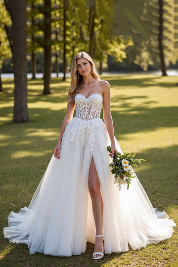 A Line Sweetheart Appliqued Ivory Wedding Dress With Slit